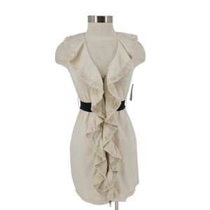 INC Sheath Dress Beige Whisper Sleeveless Ruffle V Neck Petite 2P